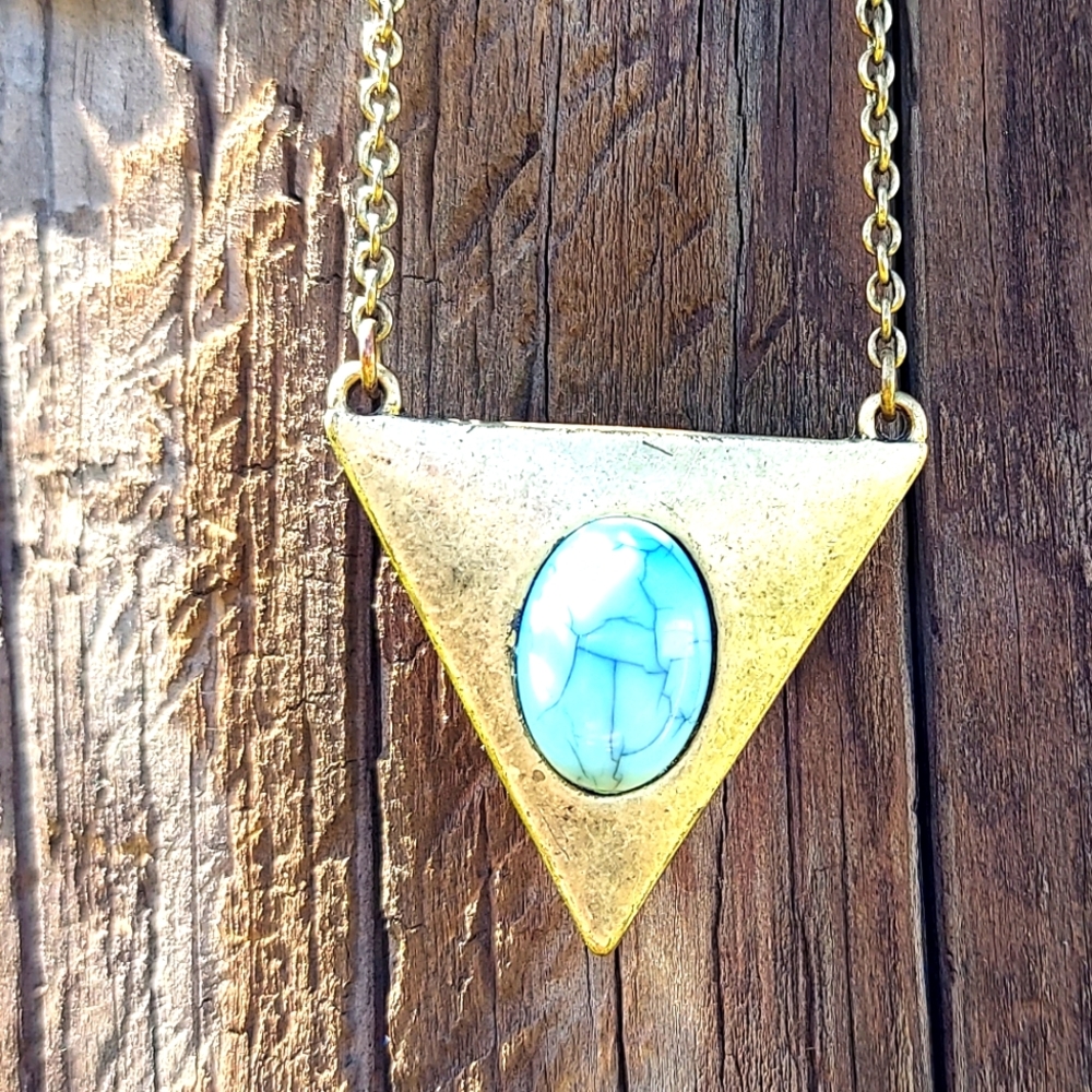 Vintage Triangle Necklace With Blue Stone Gold sacred geometry jewelry cabachon